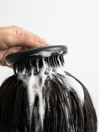 Person using a black hair scrubber on wet hair with soap suds.