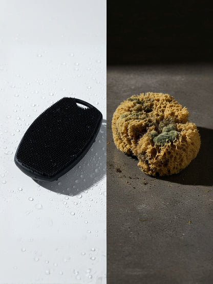 Black scrubber on a white surface and yellow scrubber on a dark surface