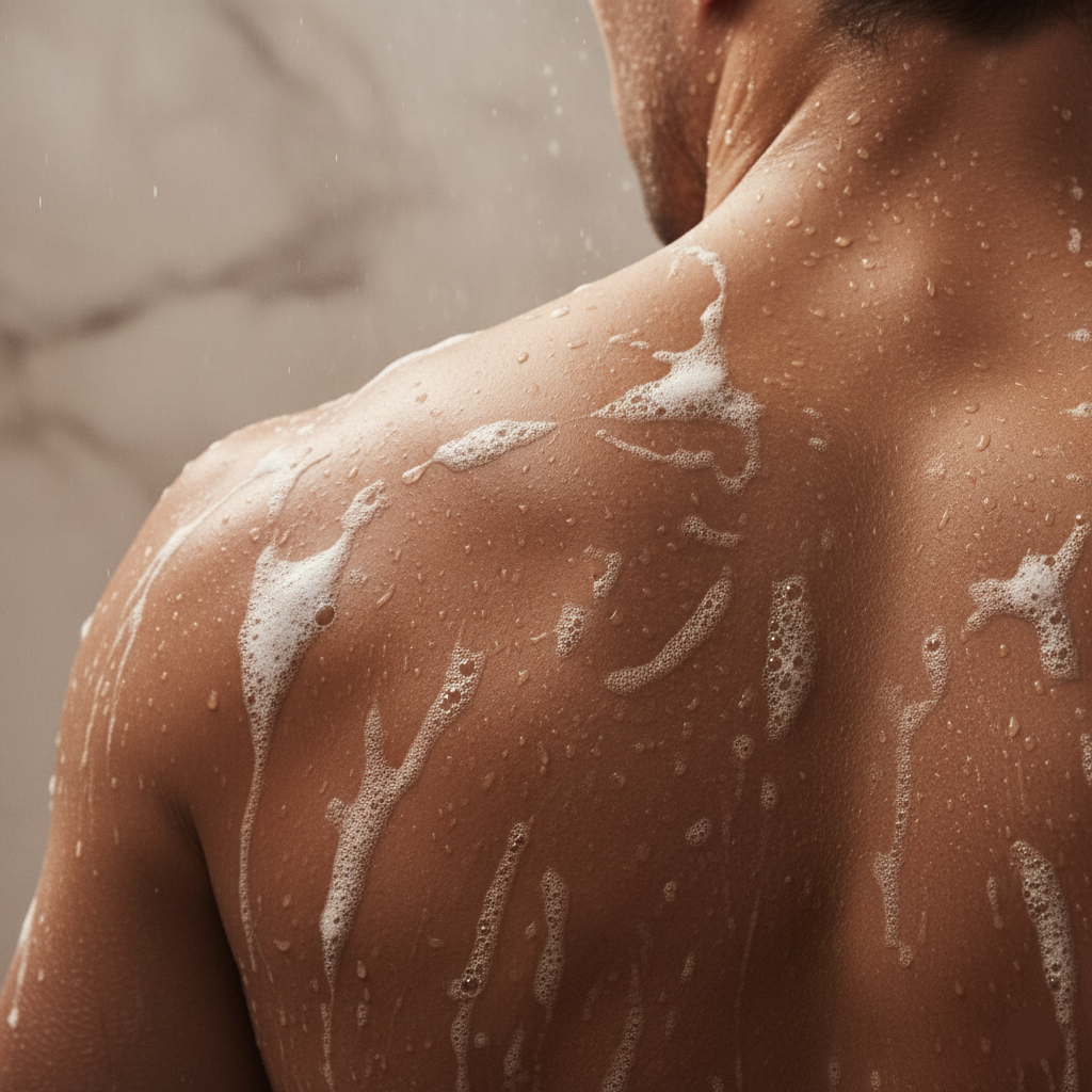 Close-up of a person with soap suds on their back against a neutral background