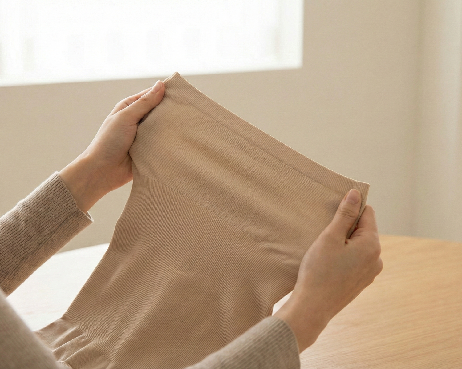 Person folding a beige fabric item on a light-colored surface