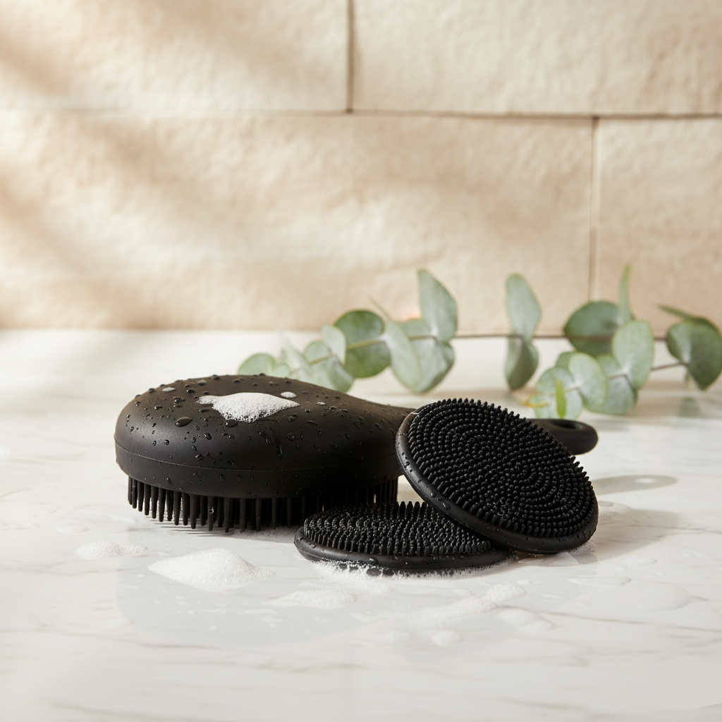 Black scrubber with textured surface on a light surface with greenery in the background