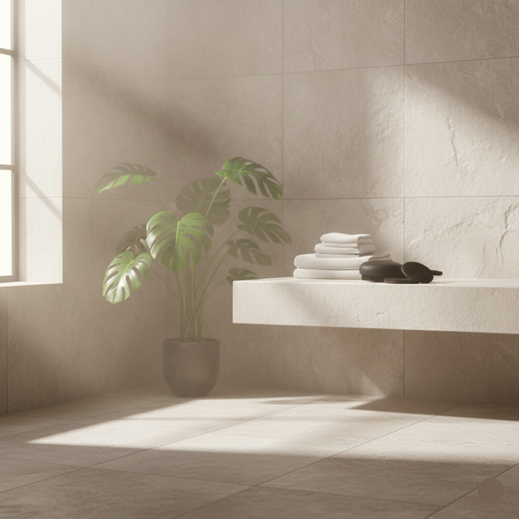 Beige tiled bathroom with a plant and towels on a shelf