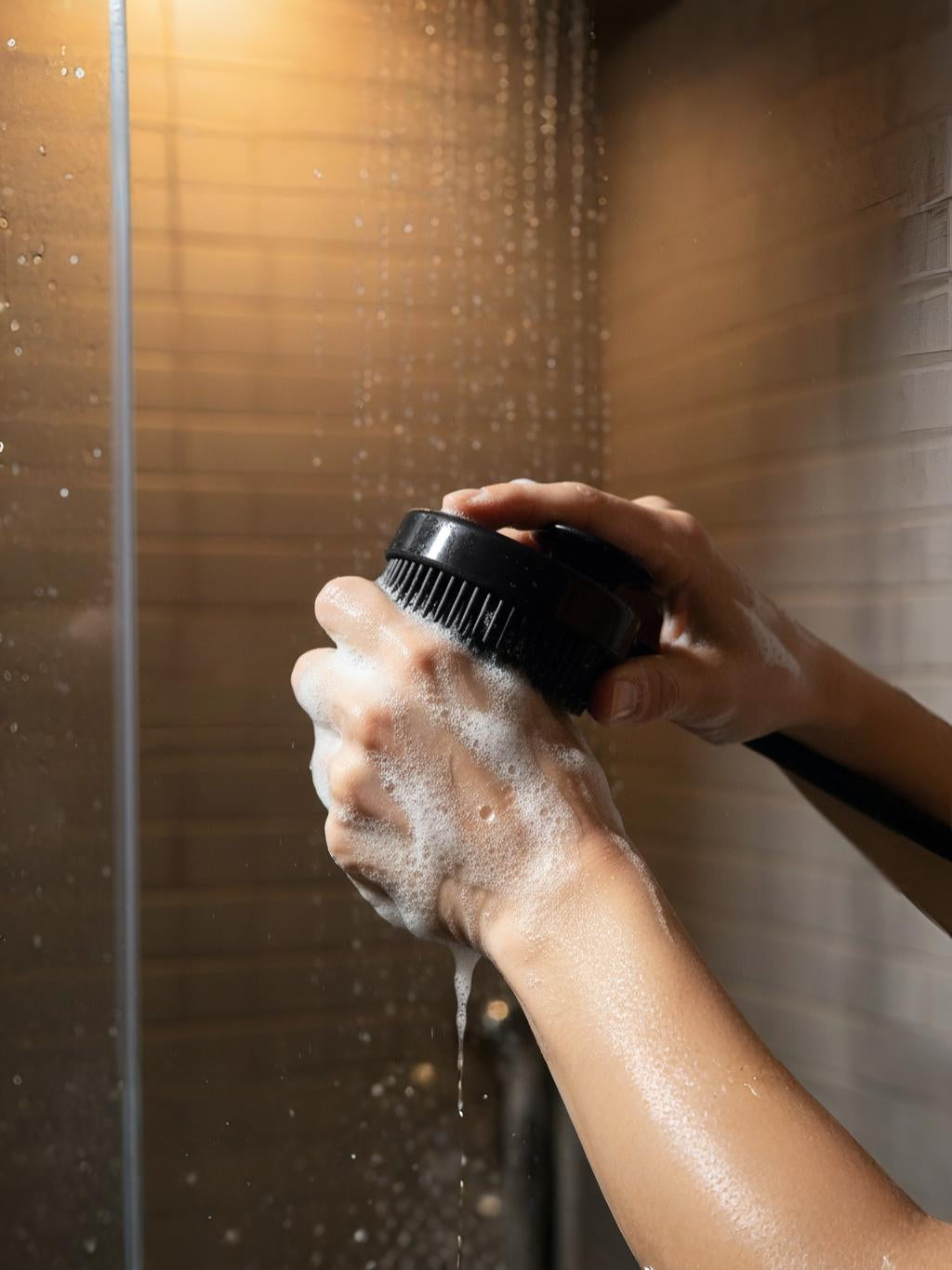 Hand holding a showerhead under running water with soap suds, in a bathroom setting.